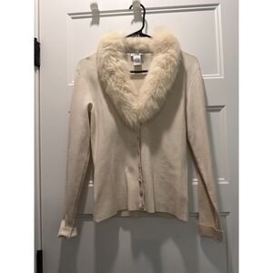 NWT Caché Silk Blend Cardigan Ivory Rhinestone Button Fur Collar Medium Y2K